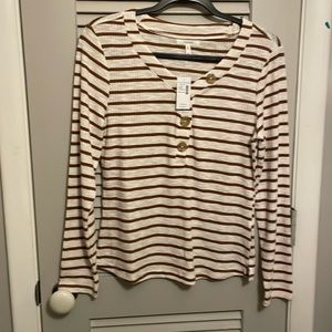 Maurices Cream & Brown Striped Henley Long Sleeve Top
